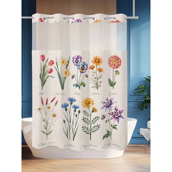 No Hook Shower Curtain Set with Snap in Liner, Vintage Chic Colored Blooming Flower Waterproof Bathroom Curtain with See Through Top Window, Retro Burlap Floral Double Shower Curtains for Bathtub