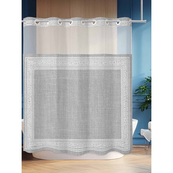 No Hook Shower Curtain Set with Snap in Liner, Vintage Key Pattern Grey Linen Waterproof Bathroom Curtain with See Through Top Window, Abstract Square Texture Double Shower Curtains for Bathtub