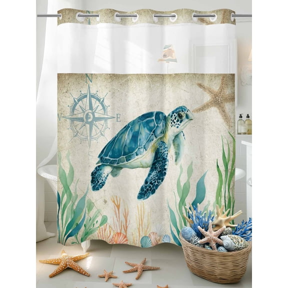 No Hook Shower Curtain Set with Snap in Liner, Vintage Nautical Sea Turtle Waterproof Bathroom Curtain with See Through Top Window, Coastal Marine Life Double Shower Curtains for Bathtub