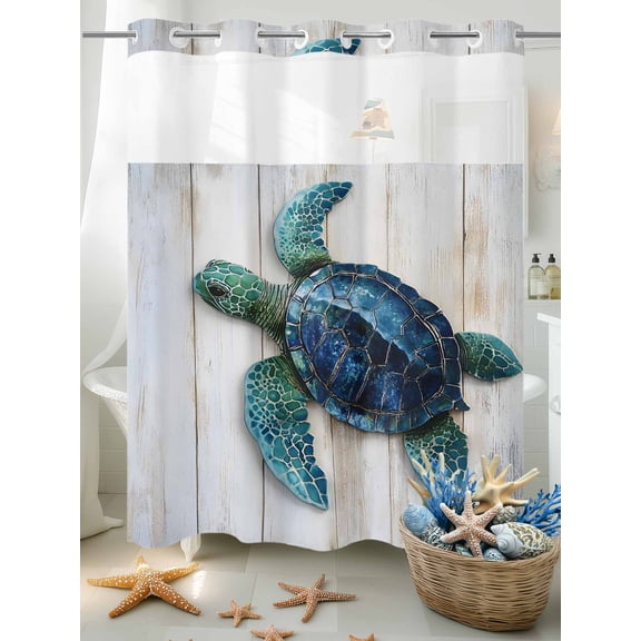 No Hook Shower Curtain Set with Snap in Liner, Vintage Ocean Sea Turtle on Wood Grain Waterproof Bathroom Curtain with See Through Top Window, Marine Life Double Shower Curtains for Bathtub
