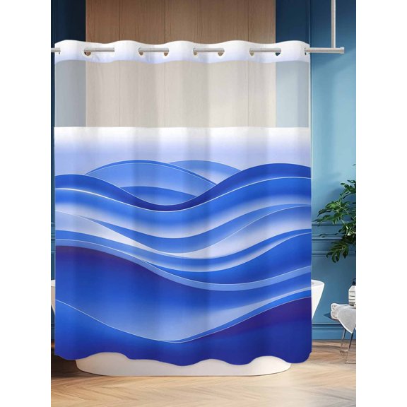 No Hook Shower Curtain Set with Snap in Liner, Watercolor Blue Gradient Wave Waterproof Bathroom Curtain with See Through Top Window, Abstract Geometric Double Shower Curtains for Bathtub
