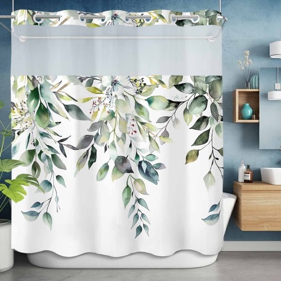 No Hook Shower Curtain Set with Snap in Liner, Watercolor Botanical Leaves on White Waterproof Bathroom Curtain with See Through Top Window, Spring Eucalyptus Foliage Double Shower Curtains