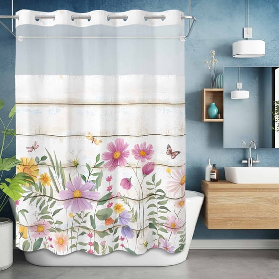 No Hook Shower Curtain Set with Snap in Liner, Watercolor Flower Butterfly on Wood Barn Waterproof Bathroom Curtain with See Through Top Window, Colorful Floral Double Shower Curtains for Bathtub