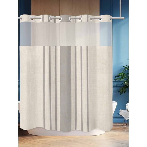 No Hook Shower Curtain Set with Snap in Liner, Watercolor Grey Striped Line Waterproof Bathroom Curtain with See Through Top Window, Vintage Linen Texture Double Shower Curtains for Bathtub