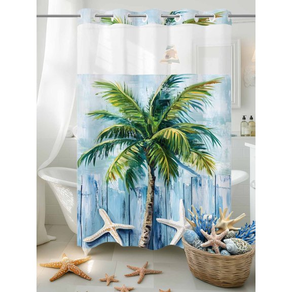 No Hook Shower Curtain Set with Snap in Liner, Watercolor Ocean Coconut Tree Waterproof Bathroom Curtain with See Through Top Window, Starfish on Blue Wood Grain Double Shower Curtains for Bathtub