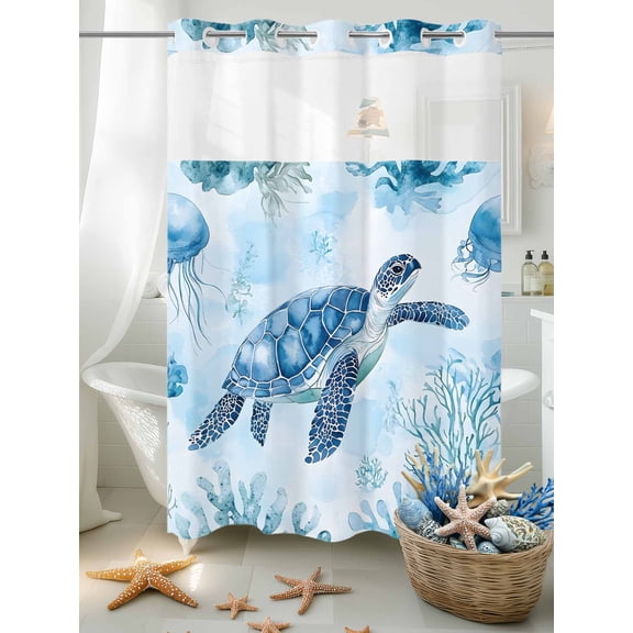 No Hook Shower Curtain Set with Snap in Liner, Watercolor Ocean Sea Turtle Waterproof Bathroom Curtain with See Through Top Window, Marine Life Coral Jellyfish Double Shower Curtains for Bathtub