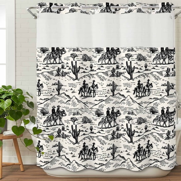 No Hook Shower Curtain Set with Snap in Liner, Western Cowboys Abstract Cactus Waterproof Bathroom Curtain with See Through Top Window, Desert Theme Vintage Double Shower Curtains for Bathtub