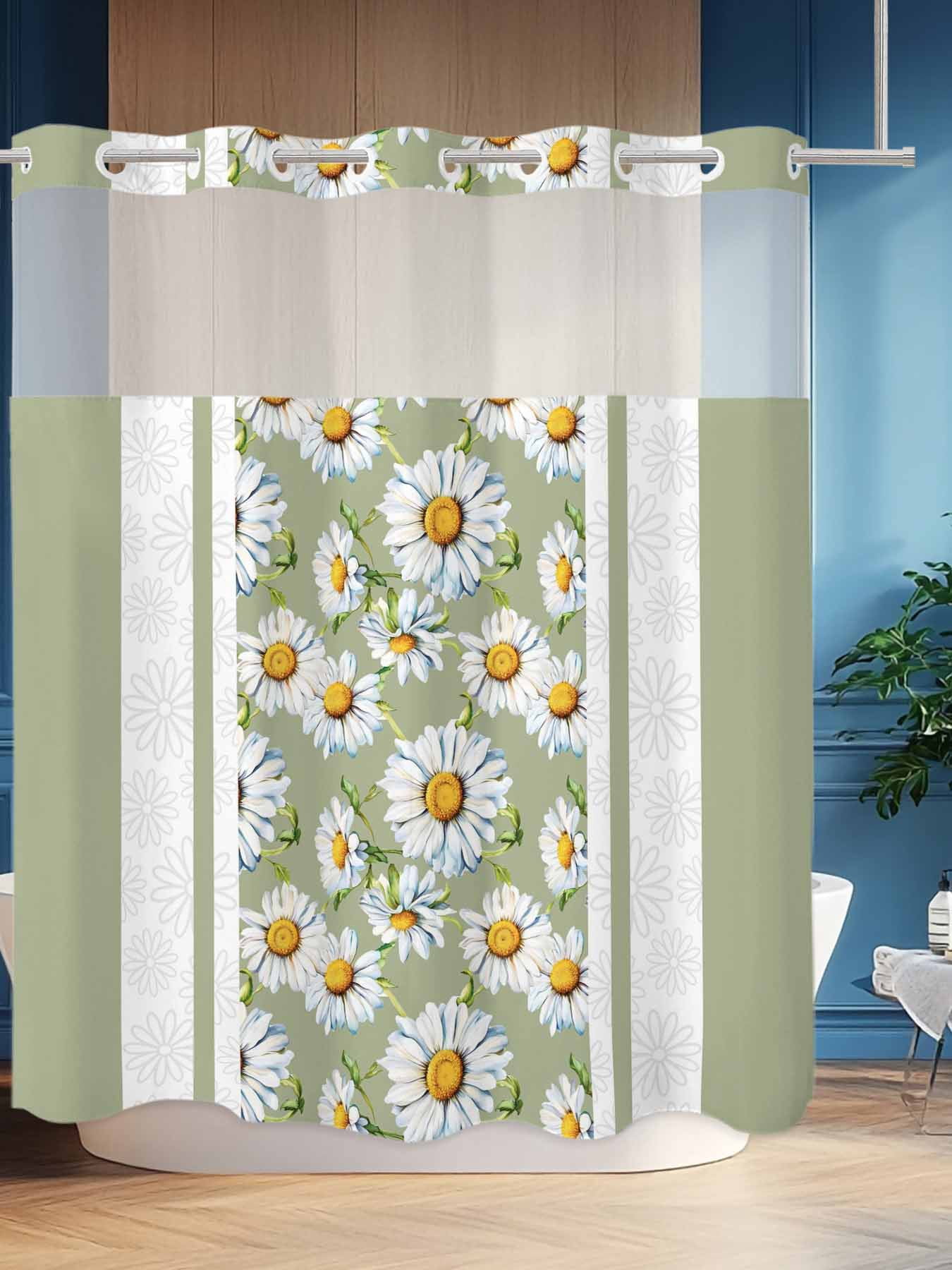 No Hook Shower Curtain Set with Snap in Liner, White Daisy Flower Sage
