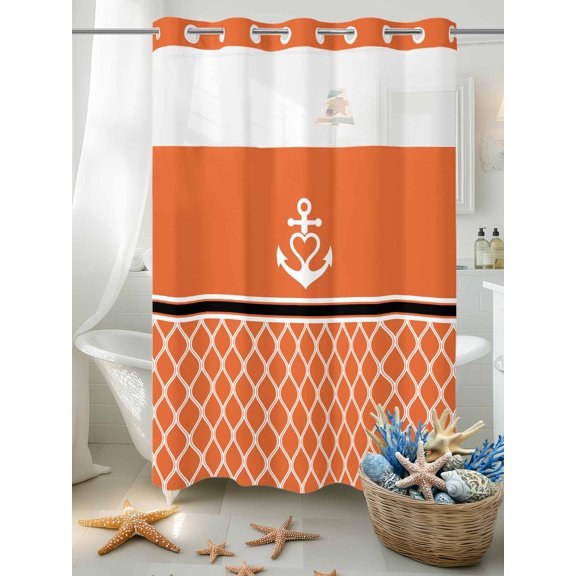 No Hook Shower Curtain Set with Snap in Liner, White Nautical Anchor Orange Theme Waterproof Bathroom Curtain with See Through Top Window, Morocco Geometric Stripe Double Shower Curtains for Bathtub