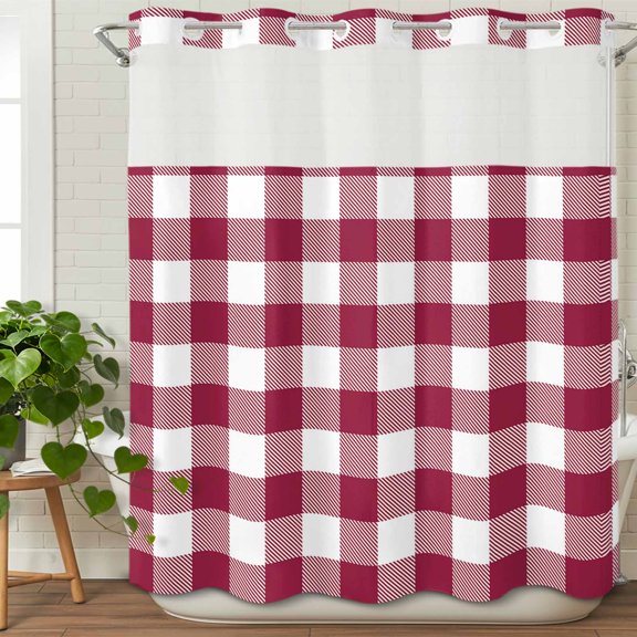 No Hook Shower Curtain Set with Snap in Liner, Wine Red and White Plaid Waterproof Bathroom Curtain with See Through Top Window, Modern Rustic Double Shower Curtains for Bathtub