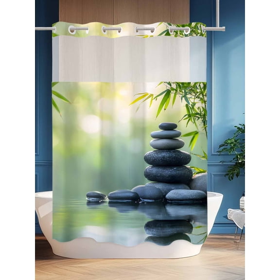 No Hook Shower Curtain Set with Snap in Liner, Zen Meditation Stone Lake Waterproof Bathroom Curtain with See Through Top Window, Nature Landscape Still Life Double Shower Curtains for Bathtub
