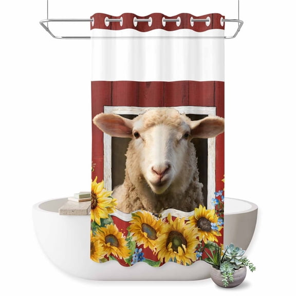 No Hook Shower Curtain, Sheep Sunflower Shower Curtains for Bathroom with See Through Top Window, Country Red Farm Barn Spring Flowers Waterproof & Washable Bath Curtain Stand Up Stall 36"x72"