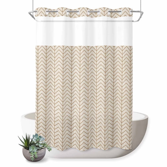 No Hook Shower Curtain, Simple Line Linen Texture Shower Curtains for Bathroom with See Through Top Window, Beige Modern Art Geometric Waterproof & Washable Bath Curtain Extra Long 72"x84"