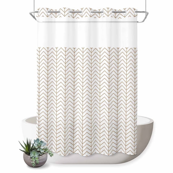 No Hook Shower Curtain, Simple Line White Shower Curtains for Bathroom with See Through Top Window, Beige Modern Art Geometric Waterproof & Washable Bath Curtain Extra Long 72"x84"
