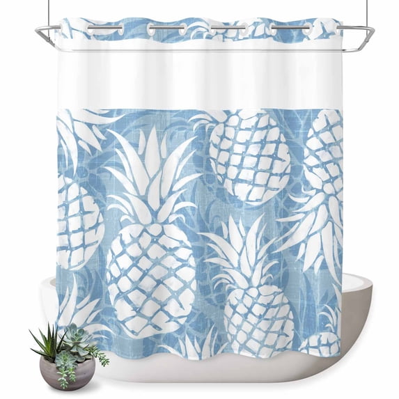 No Hook Shower Curtain, Sky Blue White Pineapple Shower Curtains for Bathroom with See Through Top Window, Tropical Summer Botanical Fruits Waterproof & Washable Bath Curtain Standard 72"x72"