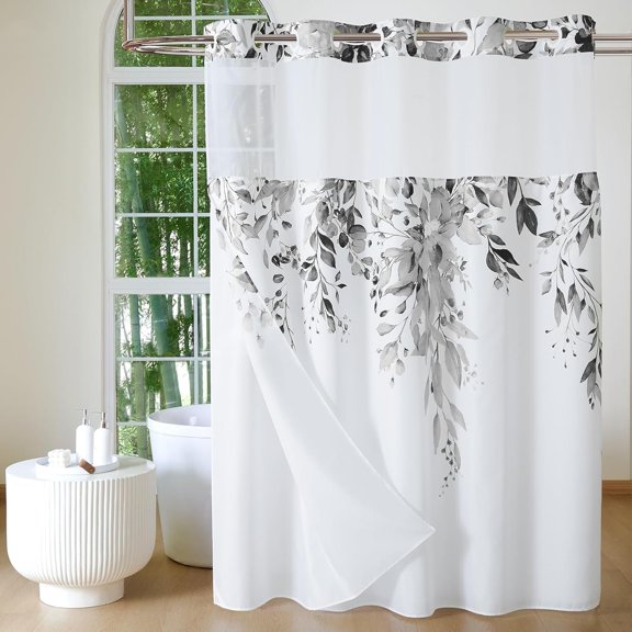 No Hook Shower Curtain with Snap in Fabric Liner, Grey Eucalyptus Shower Curtain with See Through Top Window,  Washable Cloth Ringless Shower Curtain Set for Bathroom, 72 x 75