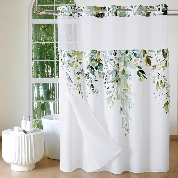 No Hook Shower Curtain with Snap in Fabric Liner, Sage Green Eucalyptus Shower Curtain with See Through Top Window,  Washable Cloth Ringless Shower Curtain Set for Bathroom, 72 x 75
