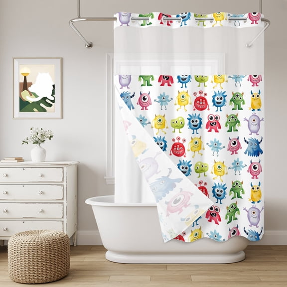 No Hook Shower Curtain with Snap in Fabric Liner Set Abstract Cartoon Monsters Bathroom Curtains with See Through Mesh Top Window,Seamless Colorful Cute Alien Waterproof Double Shower Curtain 60x72In