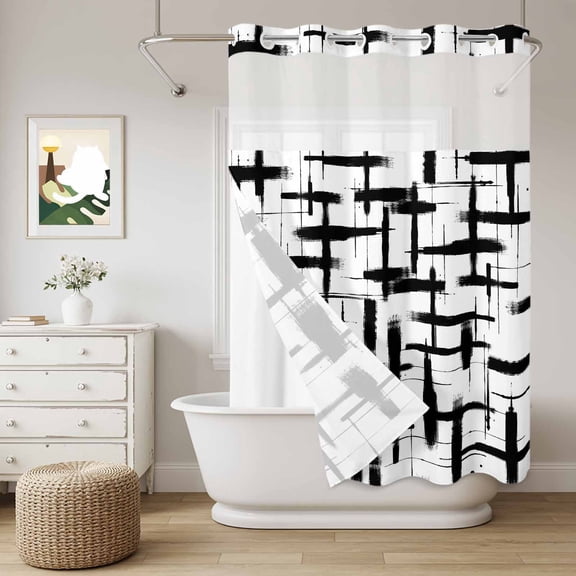 No Hook Shower Curtain with Snap in Fabric Liner Set Abstract Geometric Black Stripes Bathroom Curtains with See Through Mesh Top Window,Intersecting Lines Waterproof Double Shower Curtain 60x72In