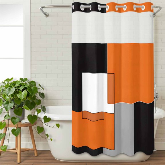 No Hook Shower Curtain with Snap in Fabric Liner Set Abstract Geometric Color Block Bathroom Curtains with See Through Mesh Top Window,Orange Black Gray White Square Double Shower Curtain 36x72In