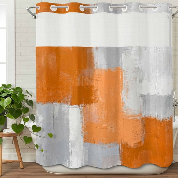 No Hook Shower Curtain with Snap in Fabric Liner Set Abstract Orange Gray Color Block Bathroom Curtains with See Through Mesh Top Window,Modern Oil Painting Texture Double Shower Curtain 72x72In
