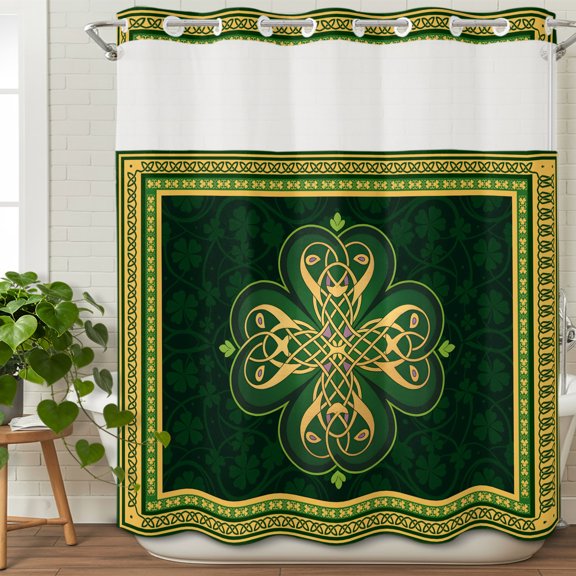 No Hook Shower Curtain with Snap in Fabric Liner Set Abstract Shamrock Celtic Knot Bathroom Curtains with See Through Mesh Top Window,St. Patrick's Day Green Theme Double Shower Curtain 72x78In