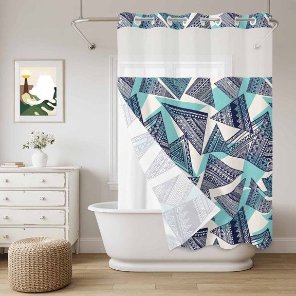No Hook Shower Curtain with Snap in Fabric Liner Set Abstract Tribal Triangle Pattern Bathroom Curtains with See Through Mesh Top Window,Rustic Geometric Art Waterproof Double Shower Curtain 60x72In