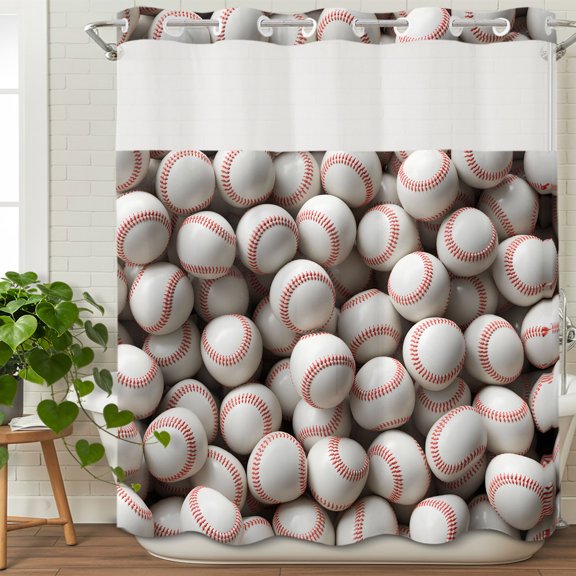 No Hook Shower Curtain with Snap in Fabric Liner Set Baseball Red Stripe Bathroom Curtains with See Through Mesh Top Window,Sports Enthusiasts Waterproof Double Shower Curtain 72x78In