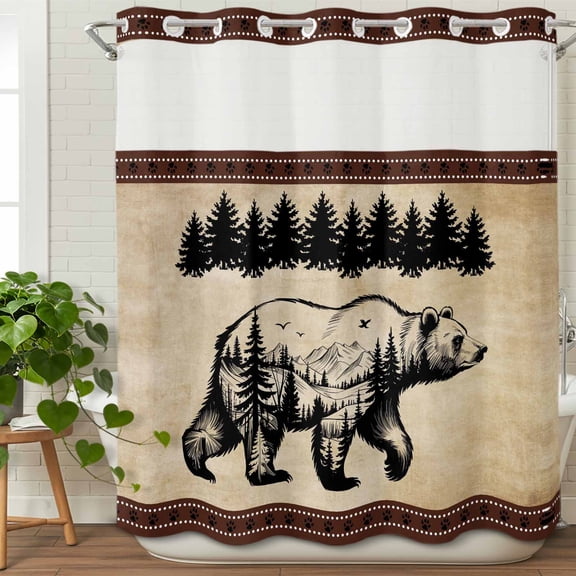 No Hook Shower Curtain with Snap in Fabric Liner Set-Bear Forest Mountains Animal Silhouette Bathroom Curtains with See Through Mesh Top Window,Brown Gradient Waterproof Shower Curtain 72x84In