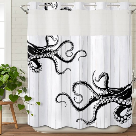 No Hook Shower Curtain with Snap in Fabric Liner Set Black Giant Squid Bathroom Curtains with See Through Mesh Top Window,Wood Grain Background Waterproof Double Shower Curtain 72x78In