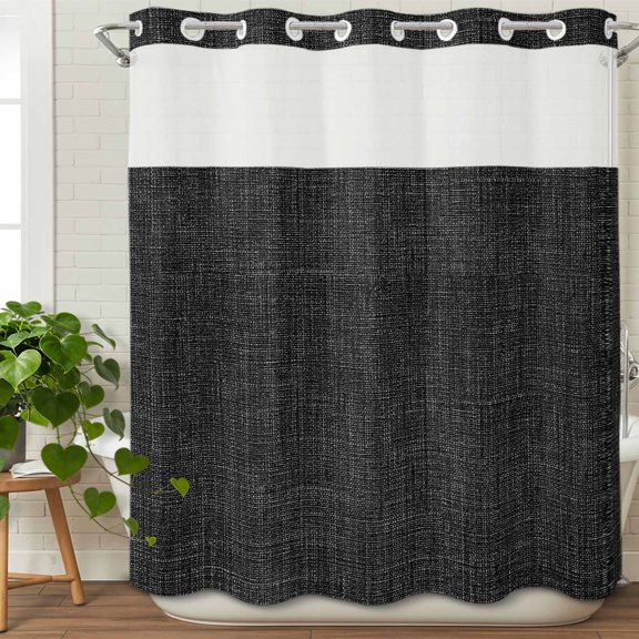 No Hook Shower Curtain with Snap in Fabric Liner Set- Black Linen Vintage Bottom Bathroom Curtains with See Through Mesh Top Window, Solid Farm Burlap Waterproof Double Shower Curtain 72x84In