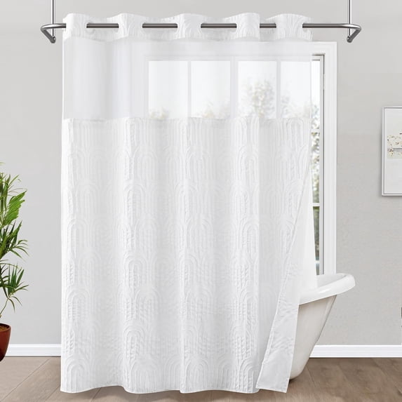 No Hook Shower Curtain with Snap in Fabric Liner Set, Boho Farmhouse Jacquard Tufted Geometric Striped Shower Curtain for Bathroom with See Through Window, Arch Pattern, 71" W x 74" L