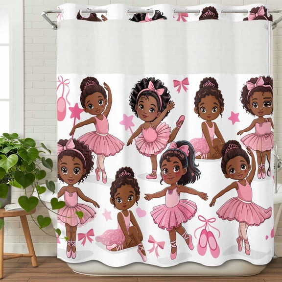 No Hook Shower Curtain with Snap in Fabric Liner Set-Cartoon Children Ballet Dance Bathroom Curtains with See Through Mesh Top Window,Pink Butterflies Ballet Shoes Waterproof Shower Curtain 72x84In