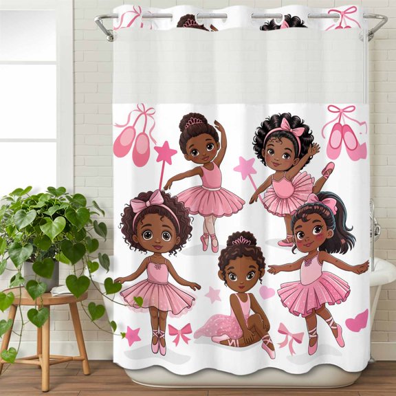 No Hook Shower Curtain with Snap in Fabric Liner Set-Cartoon Children Ballet Dance Bathroom Curtains with See Through Mesh Top Window,Pink Butterflies Ballet Shoes Waterproof Shower Curtain 60x72In