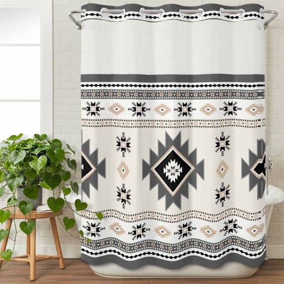 No Hook Shower Curtain with Snap in Fabric Liner Set- Classic Aztec Geometric Pattern Bathroom Curtains with See Through Mesh Top Window, Retro Bohemian Art Waterproof Double Shower Curtain 60x72In