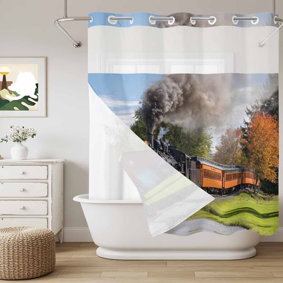 No Hook Shower Curtain with Snap in Fabric Liner Set Countryside Steam Train Bathroom Curtains with See Through Mesh Top Window,Farm Scenery Waterproof Double Shower Curtain 72x72In