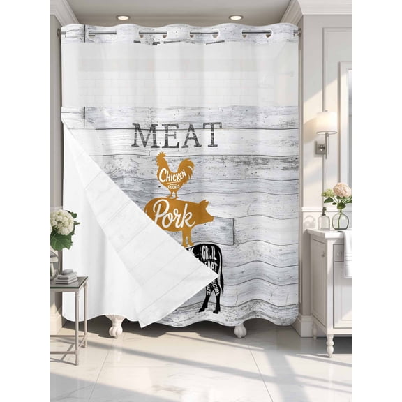 No Hook Shower Curtain with Snap in Fabric Liner Set Farm Animal Meat Bathroom Curtains with See Through Mesh Top Window,Vintage Chicken Pork and Beef on Wood Board Waterproof Shower Curtain 72x72In