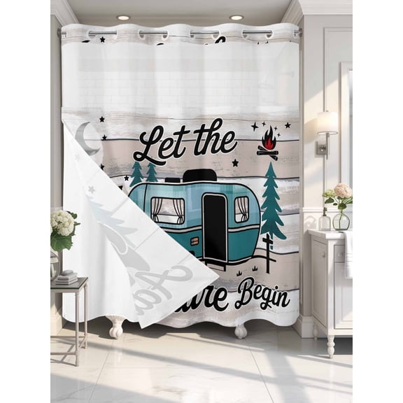 No Hook Shower Curtain with Snap in Fabric Liner Set Farmhouse Bear Camper Van Tree Bathroom Curtains with See Through Mesh Top Window,Vintage Wood Grain Waterproof Double Shower Curtain 72x72In