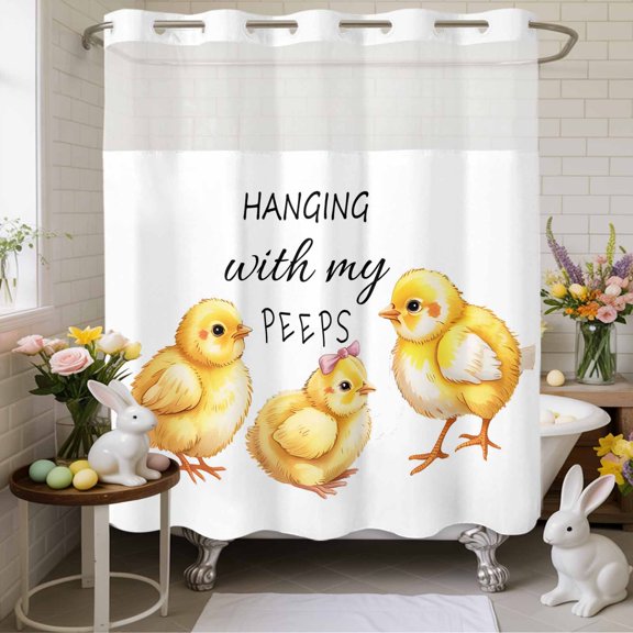 No Hook Shower Curtain with Snap in Fabric Liner Set- Farmhouse Easter Animals Yellow Chicks Bathroom Curtains with See Through Mesh Top Window, White Waterproof Double Shower Curtain 72x84In