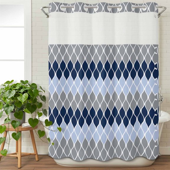 No Hook Shower Curtain with Snap in Fabric Liner Set- Geometric Ombre Curve Line Bathroom Curtains with See Through Mesh Top Window, Navy Blue Grey Waterproof Double Shower Curtain 60x72In