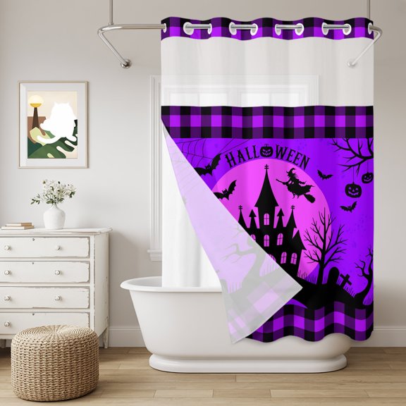 No Hook Shower Curtain with Snap in Fabric Liner Set Halloween Castle Witch Full Moon Bathroom Curtains with See Through Mesh Top Window,Purple Black Tree Bat Waterproof Double Shower Curtain 60x72In