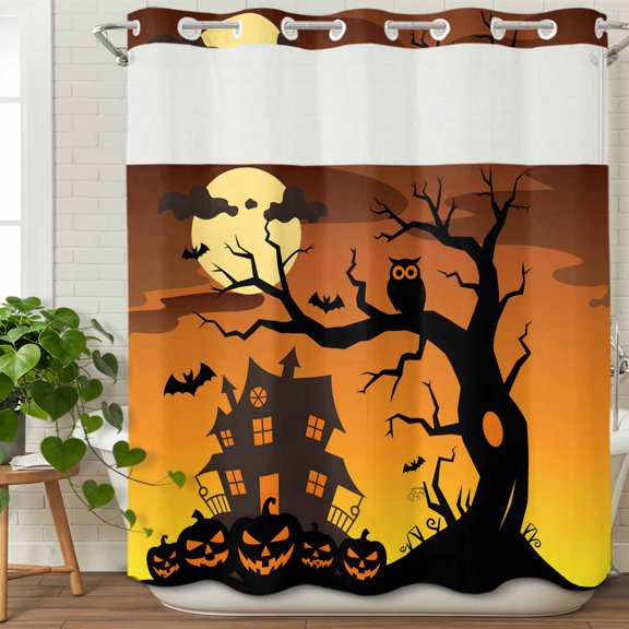 No Hook Shower Curtain with Snap in Fabric Liner Set Halloween Full Moon Night Bathroom Curtains with See Through Mesh Top Window,Castle Haunted House Orange Waterproof Double Shower Curtain 72x78In