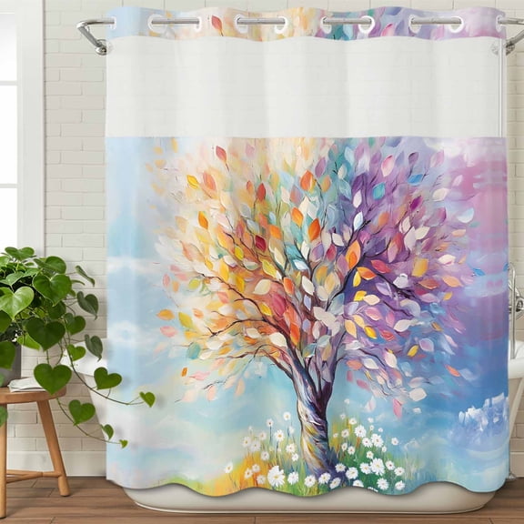 No Hook Shower Curtain with Snap in Fabric Liner Set Impressionist Rainbow Tree with Daisies Bathroom Curtains with See Through Mesh Top Window,Pastel Landscape Double Shower Curtain 72x72In