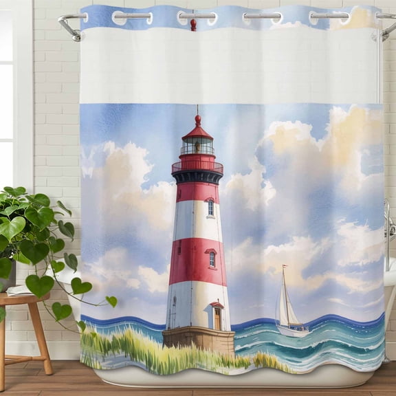 No Hook Shower Curtain with Snap in Fabric Liner Set Lighthouse Beach Beach Sea Island Bathroom Curtains with See Through Mesh Top Window,Vintage Oil Painting Art Double Shower Curtain 72x72In