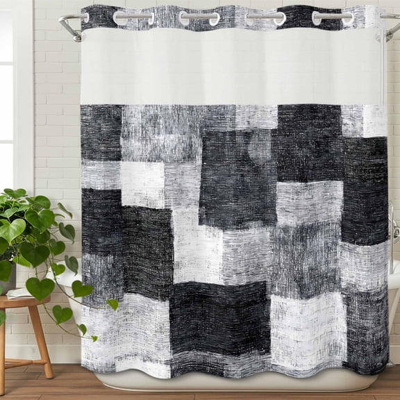 No Hook Shower Curtain with Snap in Fabric Liner Set Modern Black Gray White Gradient Bathroom Curtains with See Through Mesh Top Window,Abstract Color Block Waterproof Double Shower Curtain 72x78In
