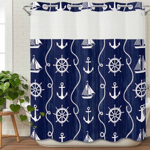 No Hook Shower Curtain with Snap in Fabric Liner Set Nautical Anchor Sailboat Bathroom Curtains with See Through Mesh Top Window,Deep Navy Blue Background Waterproof Double Shower Curtain 72x78In