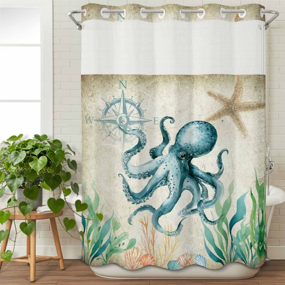 No Hook Shower Curtain with Snap in Fabric Liner Set- Nautical Sea Monster Octopus Bathroom Curtains with See Through Mesh Top Window, Vintage Compass Waterproof Double Shower Curtain 60x72In