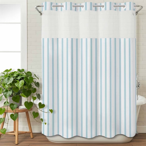 No Hook Shower Curtain with Snap in Fabric Liner Set-Ocean Blue Stripes Ticking Stripe Bathroom Curtains with See Through Mesh Top Window,Farmhouse Pinstripe Waterproof Shower Curtain 60x72In