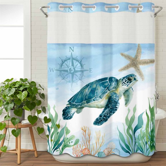 No Hook Shower Curtain with Snap in Fabric Liner Set- Ocean Marine Life Turtle Nautical Compass Bathroom Curtains with See Through Mesh Top Window, Blue Waterproof Double Shower Curtain 60x72In