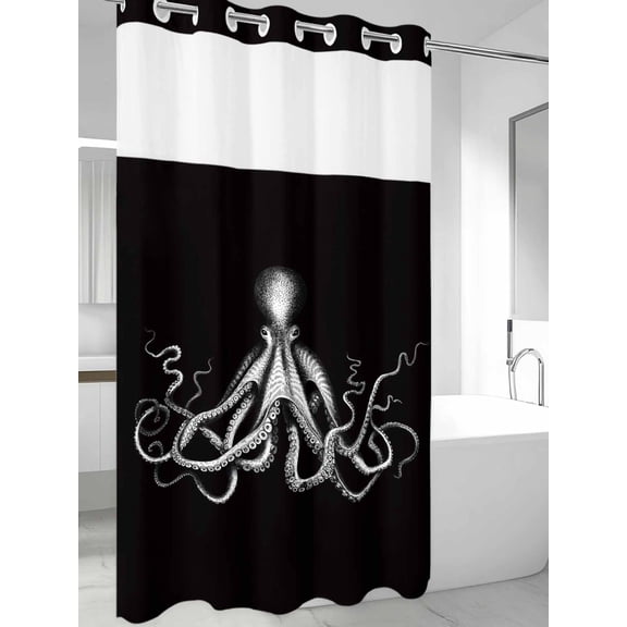 No Hook Shower Curtain with Snap in Fabric Liner Set Ocean Octopus Marine Life Bathroom Curtains with See Through Mesh Top Window,Huge Monster on Black Waterproof Double Shower Curtain 36x72In